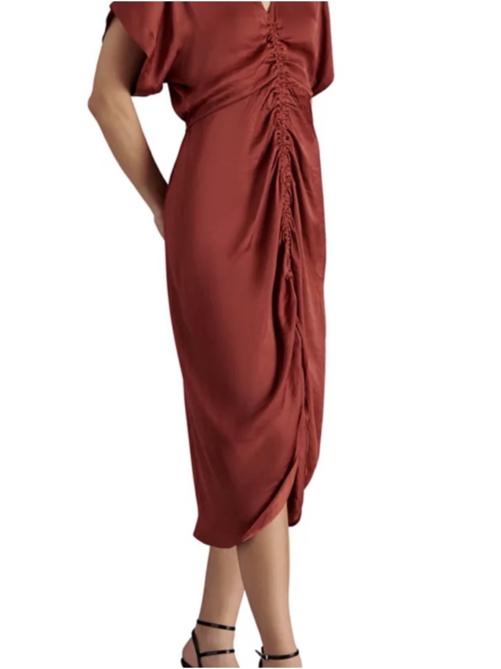 Steve Madden Aimee Ruched Front Midi Dress Spiced Apple Satin Sz M - Picture 4 of 9